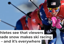 U.S. skier Rosie Brennan leads a group during the women’s team sprint classic cross-country skiing competition at the 2022 Winter Olympics. AP Photo/Aaron Favila